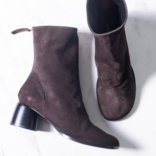 Halmanera "Alene" Mid heel Boot (chocolate suede)