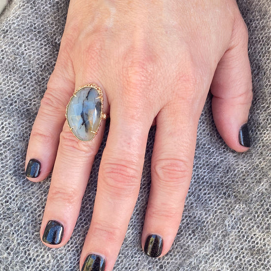 Myacale Dendritic Blue Opal 10k Gold Ring