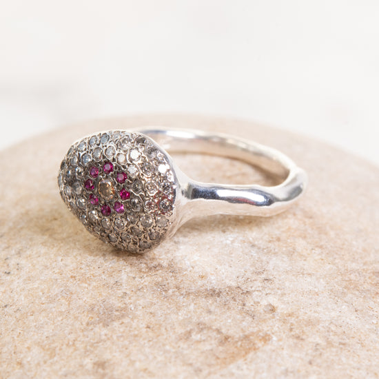Rosa Maria "Blaze" Sterling Silver Ring w/Icy Grey Diamonds and Rubies