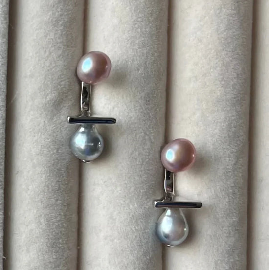 Myoju Sterling Silver Futari Biwa & Akoya Pearl Stud Earrings