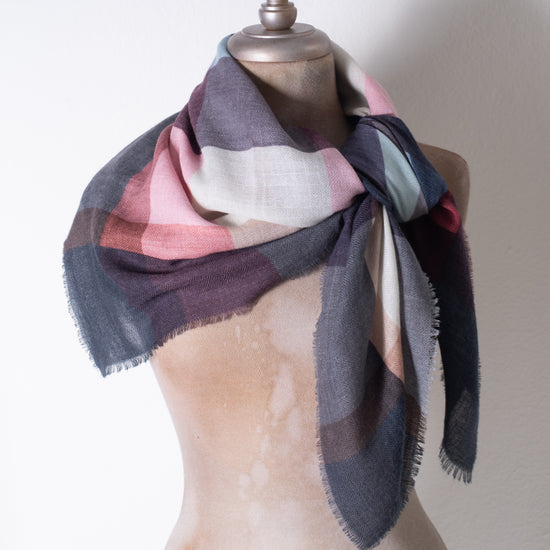 Épice Silk, Wool, Cashmere Check 7 Square Scarf (browns, purples, greys, pink)