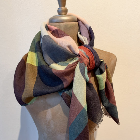 Épice Silk, Wool, Cashmere Check 7 Square Scarf (rust, olive, plums)
