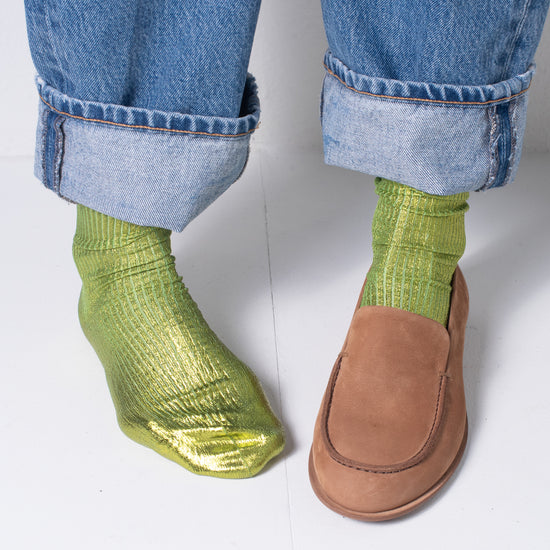 MARIA LA ROSA Silk Ribbed Laminated Socks (lime)