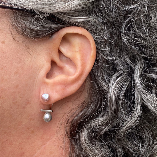 Myoju Sterling Silver Futari Biwa & Akoya Pearl Stud Earrings