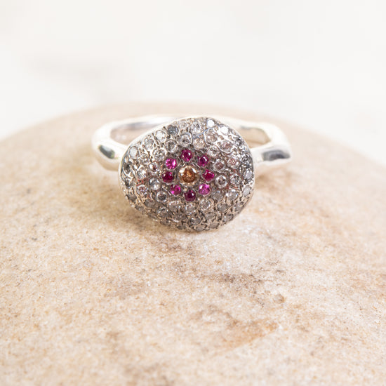 Rosa Maria "Blaze" Sterling Silver Ring w/Icy Grey Diamonds and Rubies