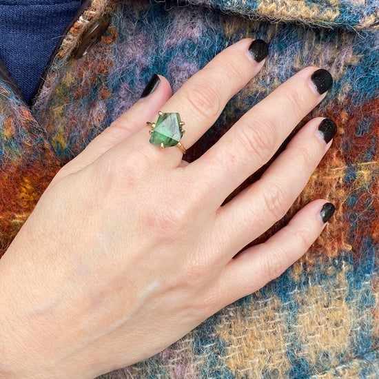 Variance Hand Cut Zambian Emerald & 14k Gold Ring