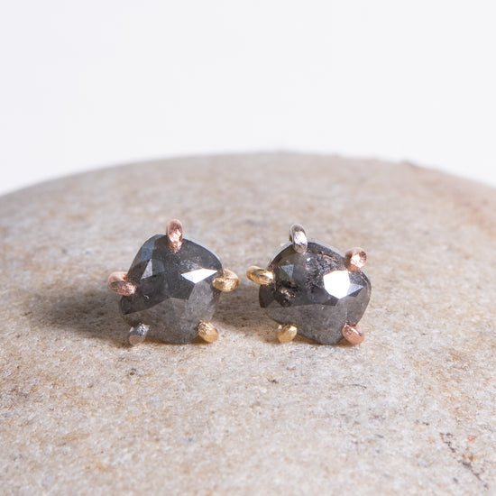 Variance Objects Grey 2.9ct Cushion Rose Cut Diamond & 14k Gold Studs