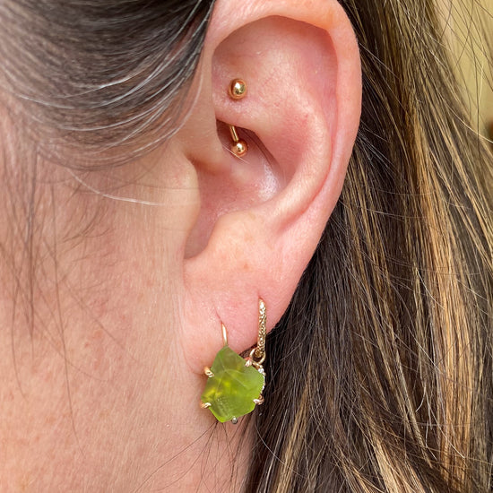 Variance Hand Cut Peridot &14k Gold Hook Earrings